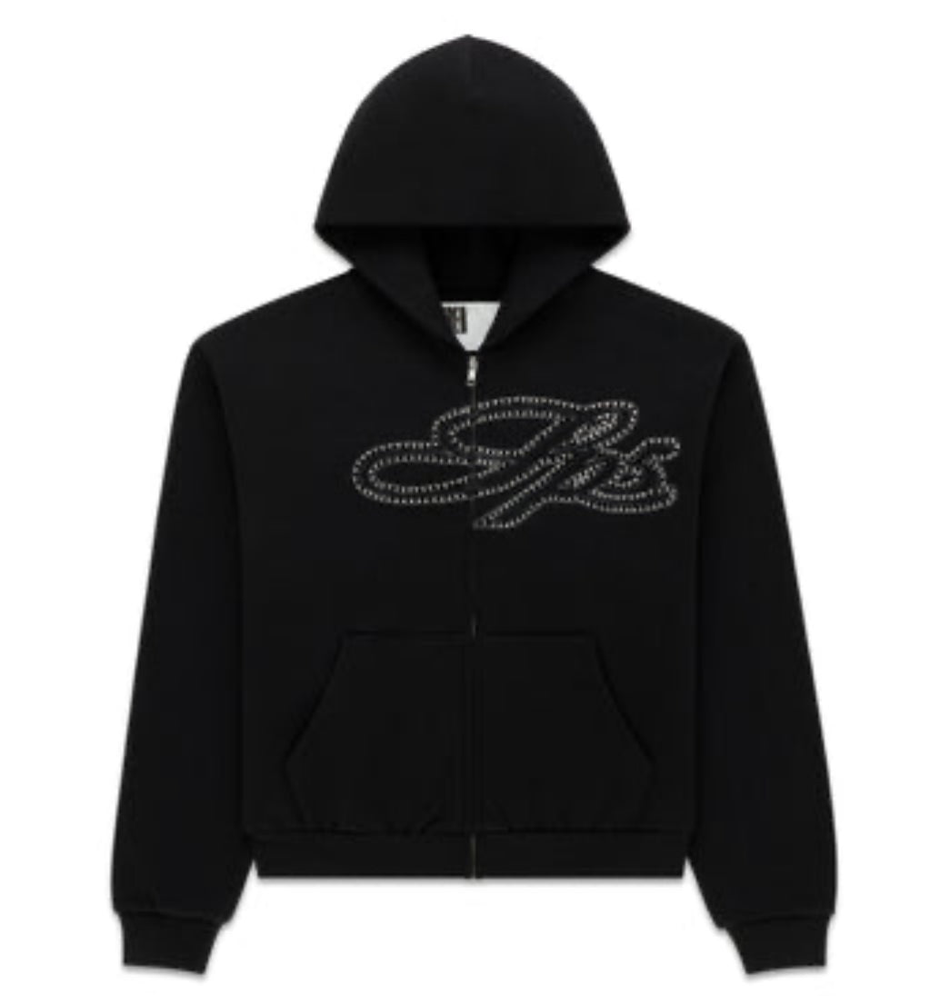 Sp5der Rhinestone Script Zip Up Hoodie Black