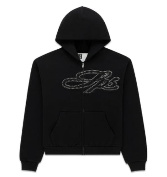 Sp5der Rhinestone Script Zip Up Hoodie Black