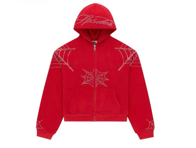 Sp5der Rhinestone Web Zip Red