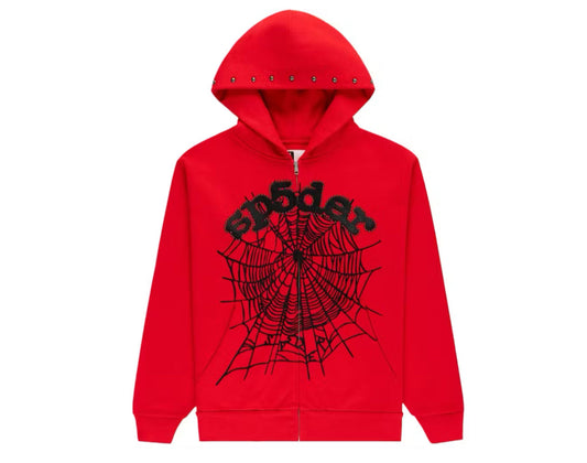 Sp5der OG Web Studded Zip Hoodie Red