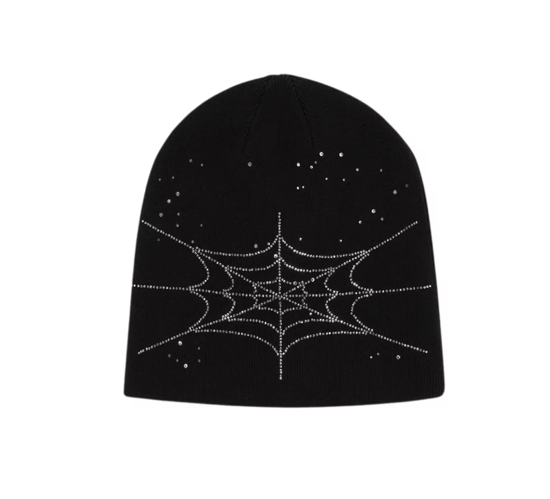 Sp5der Rhinestone Silky Skully Beanie (Black)